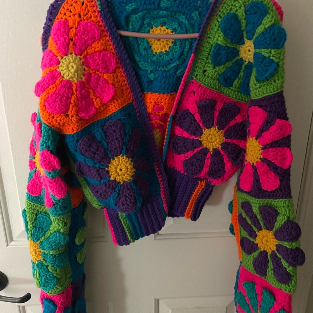Crochet Daisy cardigan M bright neon handmade